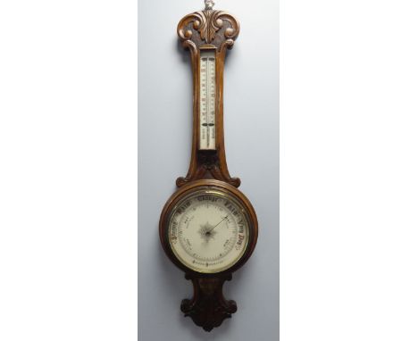VICTORIAN ANEROID BAROMETER WITH OPAQUE GLASS DIAL AND THERMOMETER PANEL, IN OAK CASE WITH LOBED PEDIMENT AND ORNAMENTED WITH