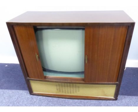 BUSH TELEVISION RECEIVER IN WALNUT BOW-FRONTED CONSOLE CABINET WITH TAMBOUR SHUTTERS