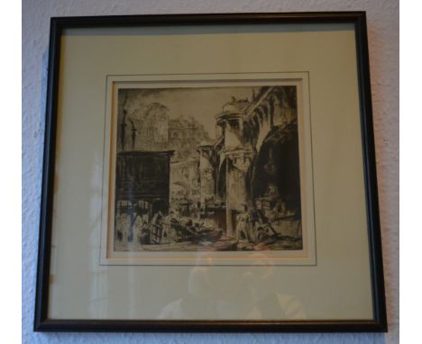 Frank Brangwyn (1867-1956) 'Construction workers on the Pont Neuf bridge, Paris', etching, signed to the margin lower right, 