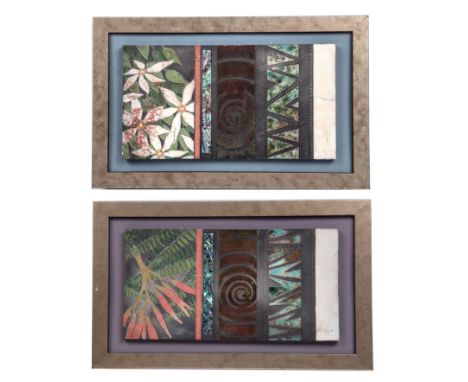 Hugh Rickard two raku tile panels, with foliate and abstract decoration, 27cm x 14.5cm excluding the frames (2)  Overall seem