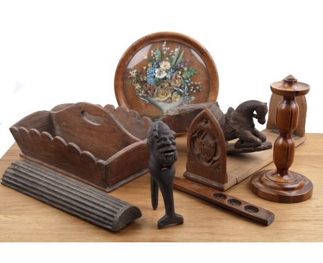 Collection of treen and other items to include: pine cutlery tray with cut out handle, wooden inlaid candlestick, treen carve