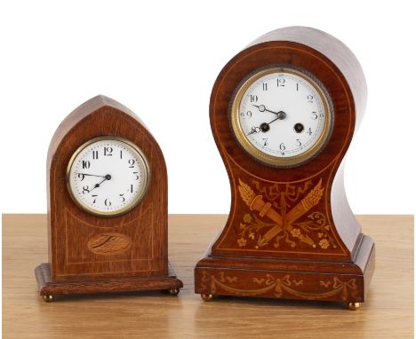 Two marquetry mantel clocksone of lancet form, the white enamel dial with Arabic numerals with marquetry and box line inlay, 