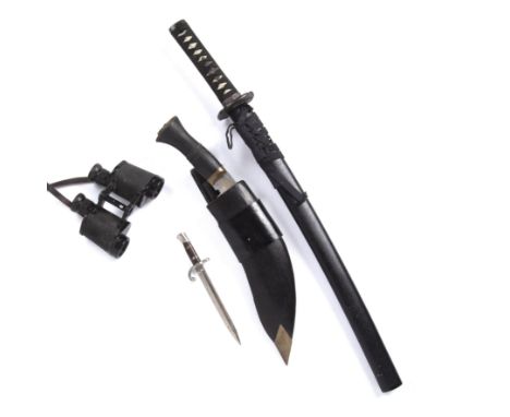 Group of weapons comprising a contemporary Samurai sword in sheath, a kukhuri, numbered 26230, a pair of binoculars and a sma