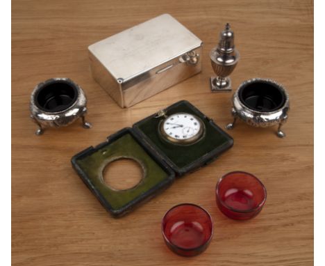 Collection of various silver to include: a pair of Victorian silver salts, with blue glass liners, bearing marks for London 1