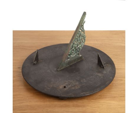 Bronze sundial with Roman numerals, inscribed 'I Count The Sunny Hours.', to include time comparisons for Melbourne, Calcutta