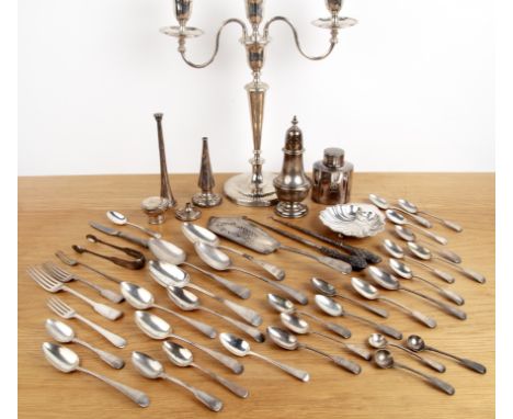Group of silver and silver plate to include: a large white metal three-branch candelabrum, unmarked, 40.5cm high approx overa