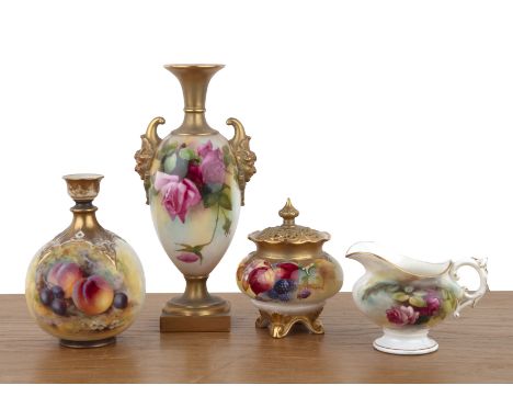 Collection of Royal Worcester porcelaincomprising a tall twin handled vase painted with roses, signed A Watkins, gilded decor