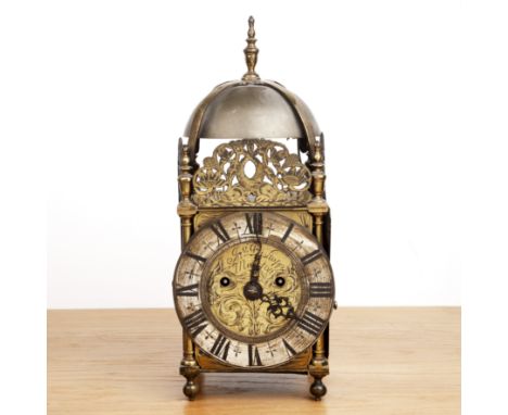 Brass Lantern Clock case by Jonathan Bishop of Maidstone17th Century, with a later fusee movement, the face engraved with the