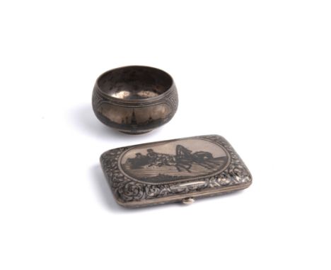 Two pieces of Niello silver workRussian, 20th Century, the first a cigarette case, with foliate decoration, and blank gilt ca
