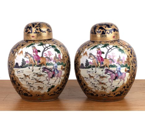 Pair of lidded porcelain jarsmid-20th Century, in the Chinese taste, of globular form, each jar with two white ground panels 