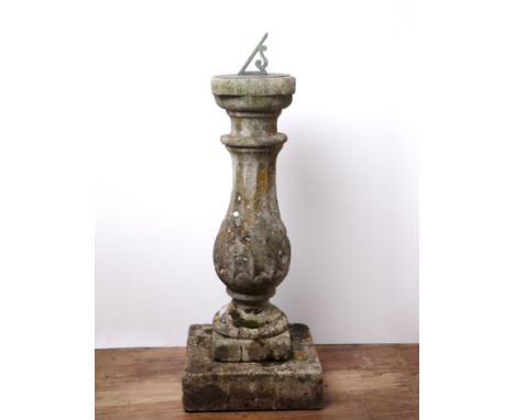 Sundial on a reconstituted stone base103cm high   With weathering. In our opinion this is a 20th Century piece. 