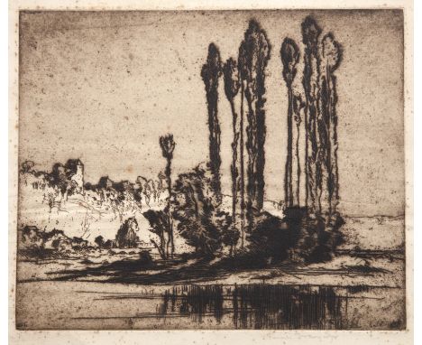 Frank Brangwyn (1867-1956) 'Landscape with trees', etching, signed in pencil lower right, unframed, 28cm x 31cm  Heavily foxe