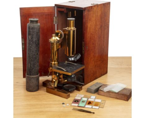 Ross of London Mahogany cased 'Eclipse' Brass microscope, numbered '6127', height adjustable, with accompanying slides, tweez