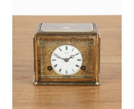 Grohe of Paris carriage clock of unusual squat proportions, brass cased with foliate and scrolling engraved front plate, the 