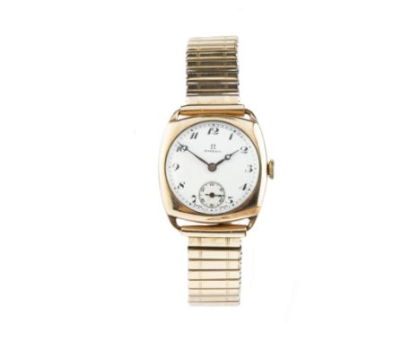 Gilt metal cased wristwatch by Omegathe circular white enamel dial with black Arabic numerals and subsidiary seconds dial, to