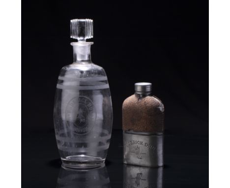 Glass whisky decanterScottish, circa 1910, etched Roderick Dhu * Old Highland Whisky, 23cm high and an engraved pewter and le