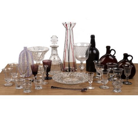 Group of various glassware including a set of four Georgian jelly glasses, with tapering faceted bowls on circular bases, 6.5