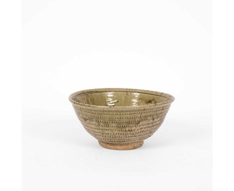 ARR Jim Malone (born 1946) a stoneware bowl in green glaze decorated dash design, impressed JM seal, 23.5cm diameter x 11.3cm