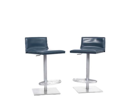 Two Bottega Piston blue leather upholstered bar stools, designed by Frag, adjustable height on stainless steel bases, labelle