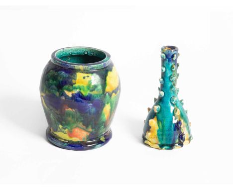 ARR Kate Malone MBE (born 1959) a vase decorated polychrome blue, yellow, green and orange glazes, 16cm high and a Kate Malon