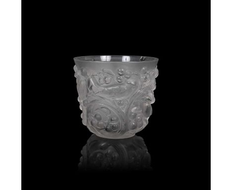 A Lalique Avallon opalescent glass vase, with moulded birds and berries, model 986 circa 1927, Lalique mark to base, 15cm hig