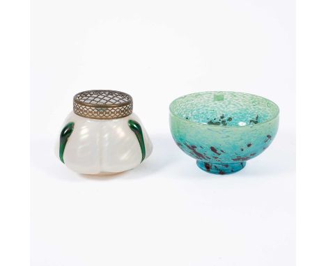 An Art Nouveau Loetz style iridescent glass rose bowl of lobed form, 15cm high and a blue and red mottled glass bowl, 22cm di