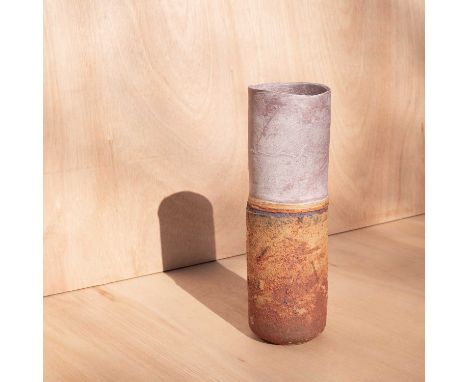 ARR Robin Welch (1936-2019) a cylindrical stoneware vase decorated bands of mottled lilac, brown and gold glazes, impressed R