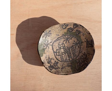 ARR John Maltby (1936-2020) a small footed stoneware dish the centre decorated incised design of a stylised church with trees