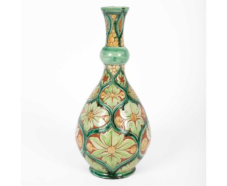 Della Robbia, an Art Nouveau pottery vase, dated 1900, by Charles Collis and Liz Wilkins, pear shaped with knopped neck, inci