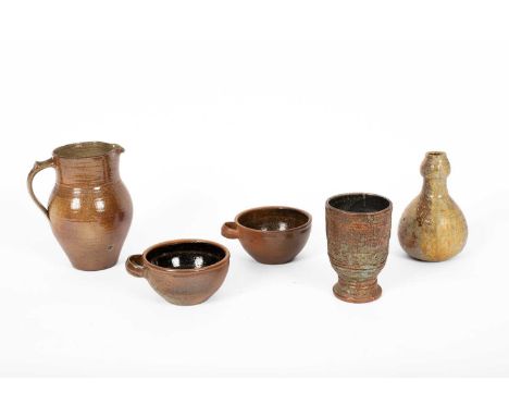 ARR Denise Wren (1891-1979) an Oxshott Pottery stoneware goblet in turquoise and brown glaze with ribbed incised detail, 13.5