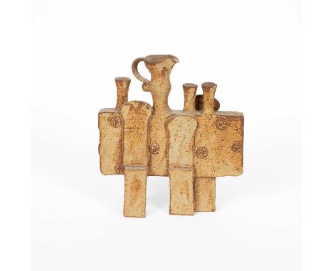 ARR John Maltby (1936-2020) a stoneware sculpture with table, jug and vessels, impressed maker's mark, 25.5cm high x 23cm wid