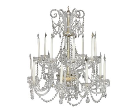 A cut glass sixteen light chandelierLate 20th century in the George III stylethe eight downward scrolling 'S' shaped and eigh