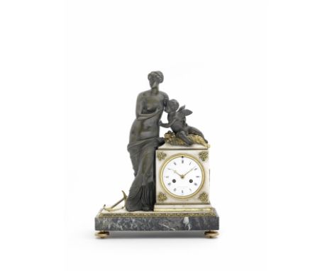 A 19th century French marble and bronze figural mantel clockCachard a ParisThe standing Classical figure and suckling infant 