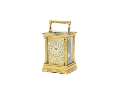 A late 19th century French repeating Carriage ClockStamped with the trademark Ed.M, numbered 146the pillared case with ribbed