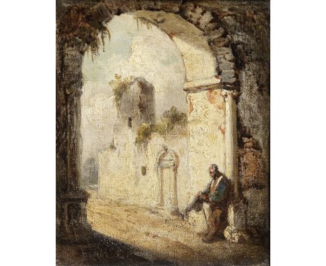 Circle of George Chinnery RHA (Tipperary 1774-1852 Macau)A Chinese beggar at the gate of a temple bears signature and date (o