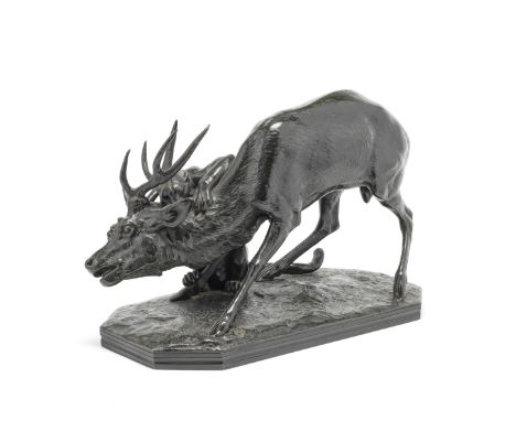 Antoine Louis Barye (French, 1795-1875): A patinated bronze model of Panthere Saisissant un Cerf (premiere version)probably l