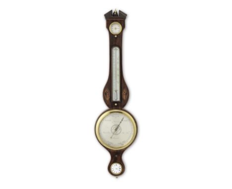 A rare late 18th century mahogany wheel barometer with inset watchsigned J. Moxon fecit, Londonthe broken swan neck pediment 