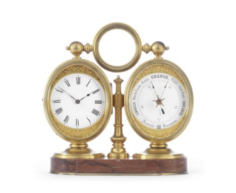 A late 19th century French gilt brass and rouge marble desktop timepiece compendiumthe twin oval barrel cases on socle bases,