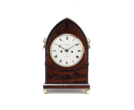 A Regency mahogany mantel clock with enamel dialRichard Webster, Exchange Alley, LondonThe lancet case with ebonised edge and