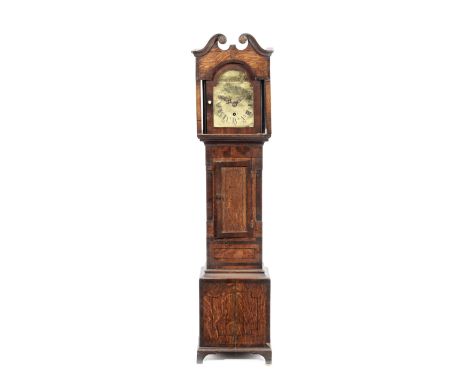 A late 19th / early 20th century crossbanded oak and strung 'Grandmother' timepiecein the Georgian style, the front and rear 