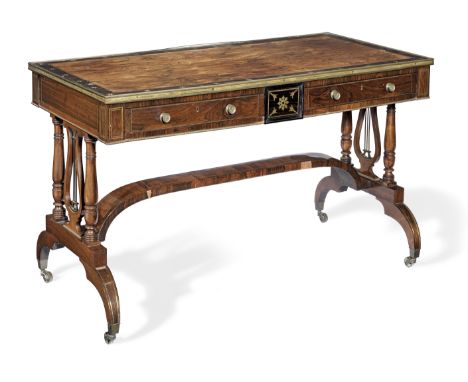 A Regency brass inlaid rosewood and calamander banded library tablealmost certainly by either John McLean or George OakleyCir