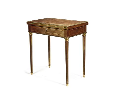 A French late 19th century brass mounted and line-inlaid mahogany card/writing/dressing tablein the Louis XVI styleThe slidin