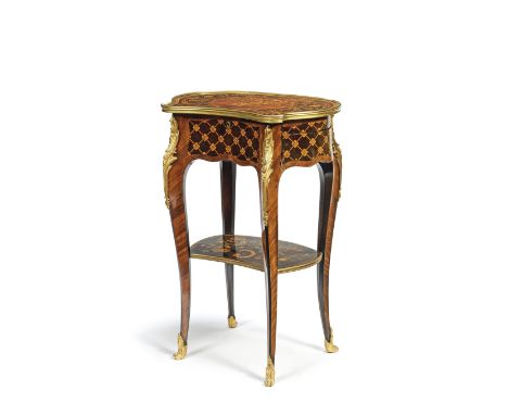 A Napoleon III gilt bronze mounted kingwood, amaranth, stained sycamore and marquetry table a ouvrageCirca 1870, of shaped fo