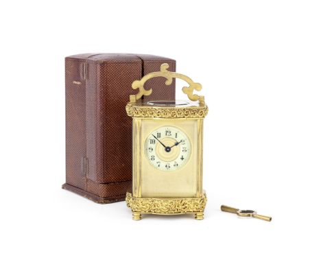 A late 19th century French lacquered brass carriage timepiece in original silk-and vevet-lined travelling caseUnsignedThe cas