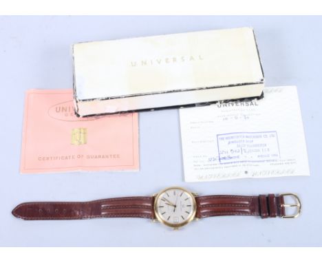 An 18ct gold cased Universal Geneve wristwatch with white enamel dial, baton numerals and date aperture at three o'clock