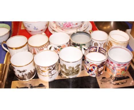 An earth 19th century Spode printed coffee can, two early 19th century bone china hand-painted coffee cans a New Hall "Boy at