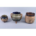 A Doulton Lambeth stoneware three-handled cauldron with swag decoration, 6 3/4" high, a smaller