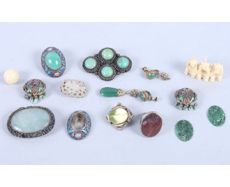 A selection of Chinese silver and enamelled jewellery some with jade inserts, a carved ivory monkey group, etc