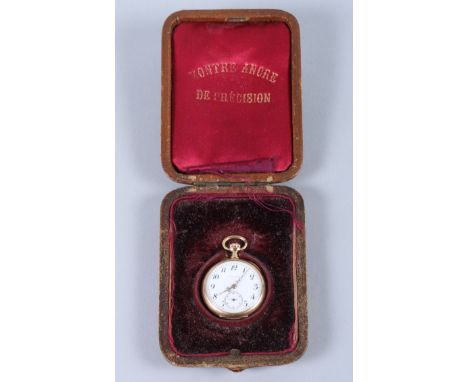 A 14ct gold cased open faced fob watch with white enamel dial, Arabic numerals and subsidiary seconds dial