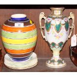 A Vienna style two-handled vase with floral decoration, 7" high, and an Ashtead Pottery stripe